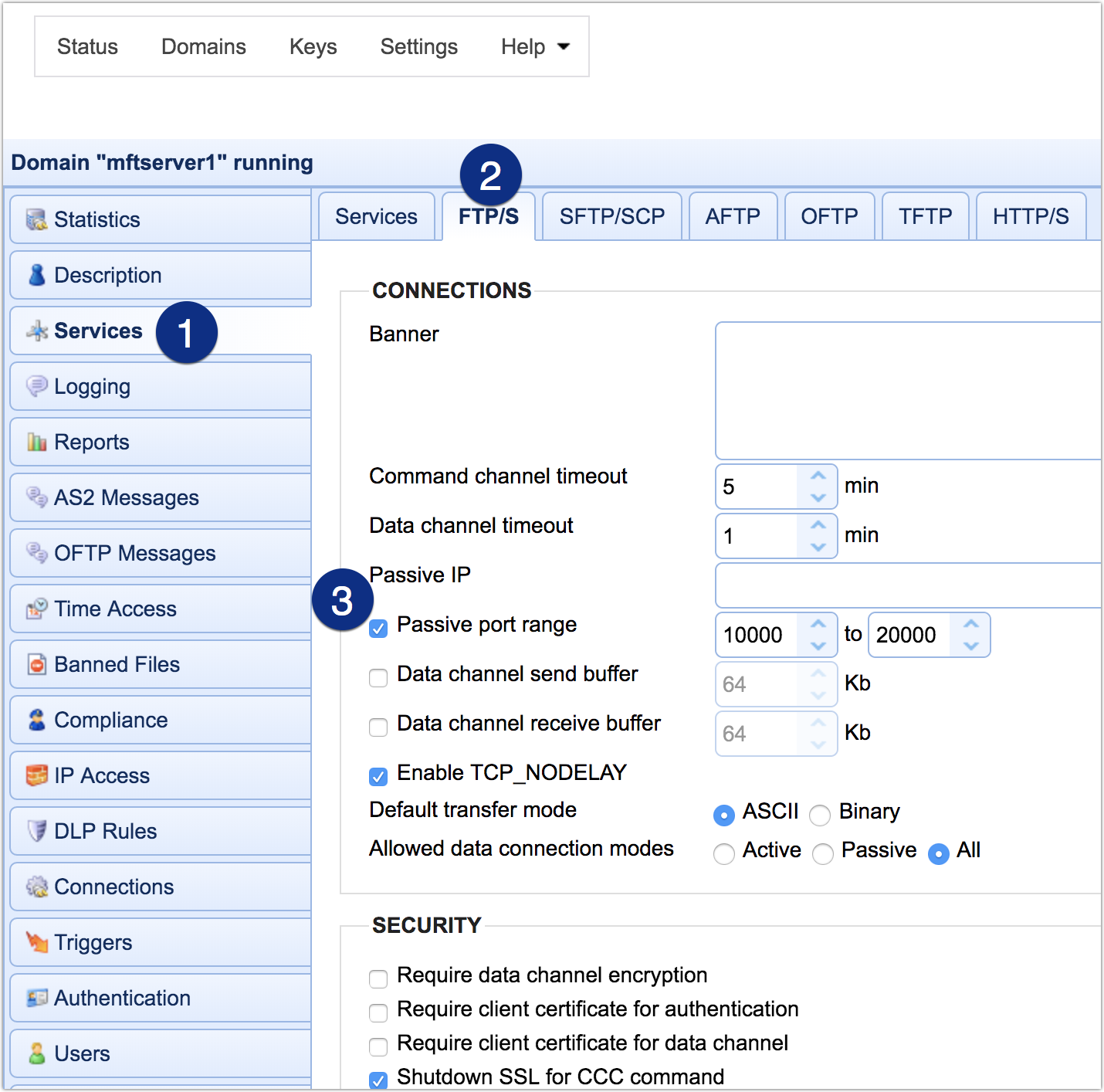 ftp passive port range mft server